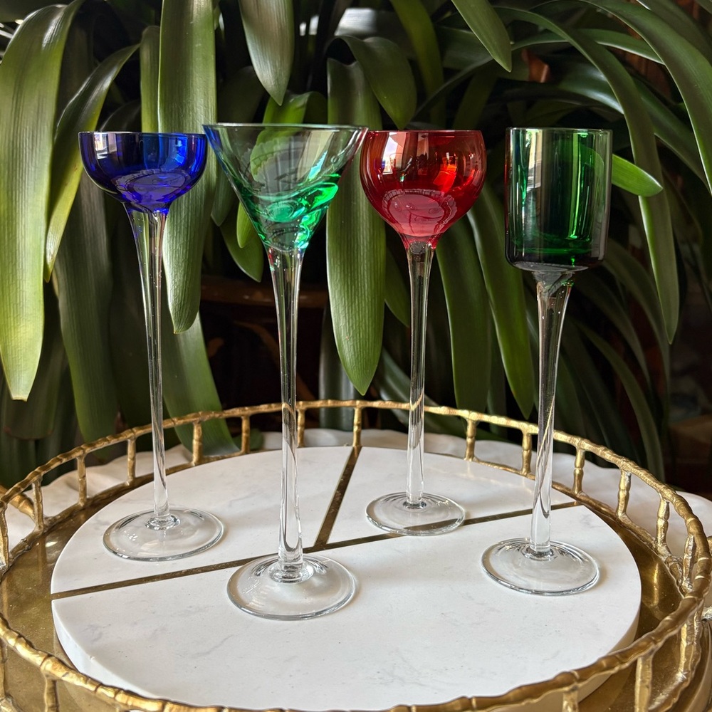 Set of 4 Multicoloured Cordial Liqueur Glasses Long Stemmed Varying Shapes VTG